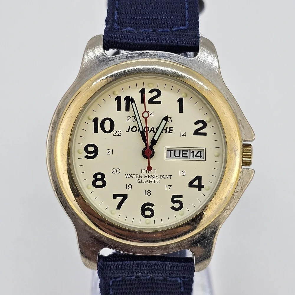 VTG Jordache Unisex‎ Watch 38MM Cream Dial DayDate NEW Blue Nylon Bands Battery